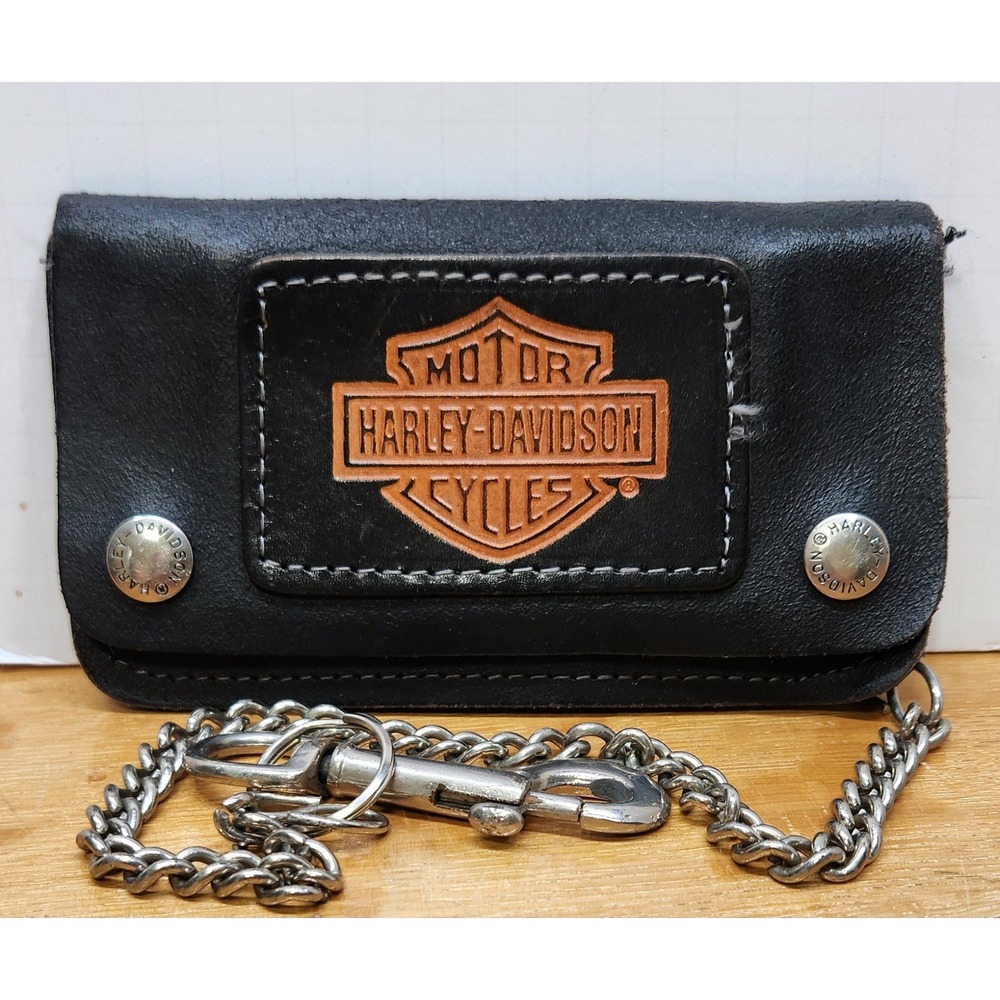Vinatge Harley Davidson Black Leather Trucker Biker Chain Wallet Logo Snap